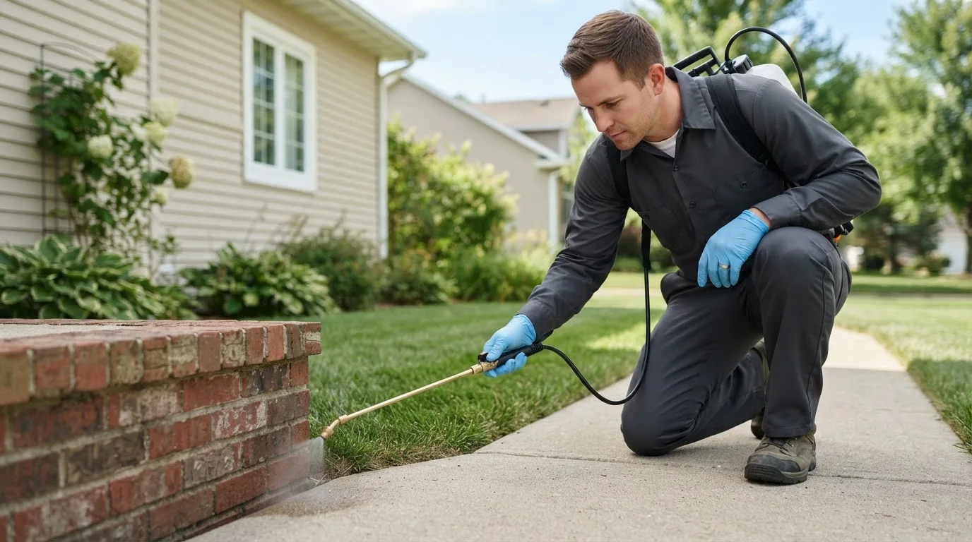 Pest control technician treating a home near Milnor, ND